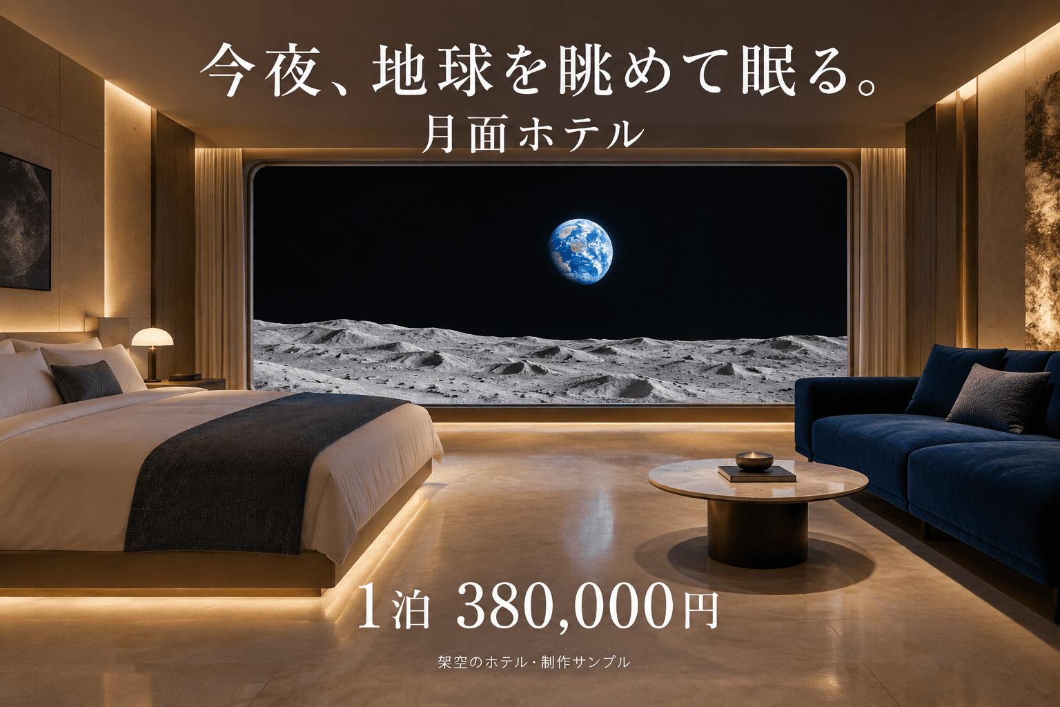 編集前の月面ホテル広告。窓の中央付近に地球、右に青いソファ、下部に1泊380,000円の表示。