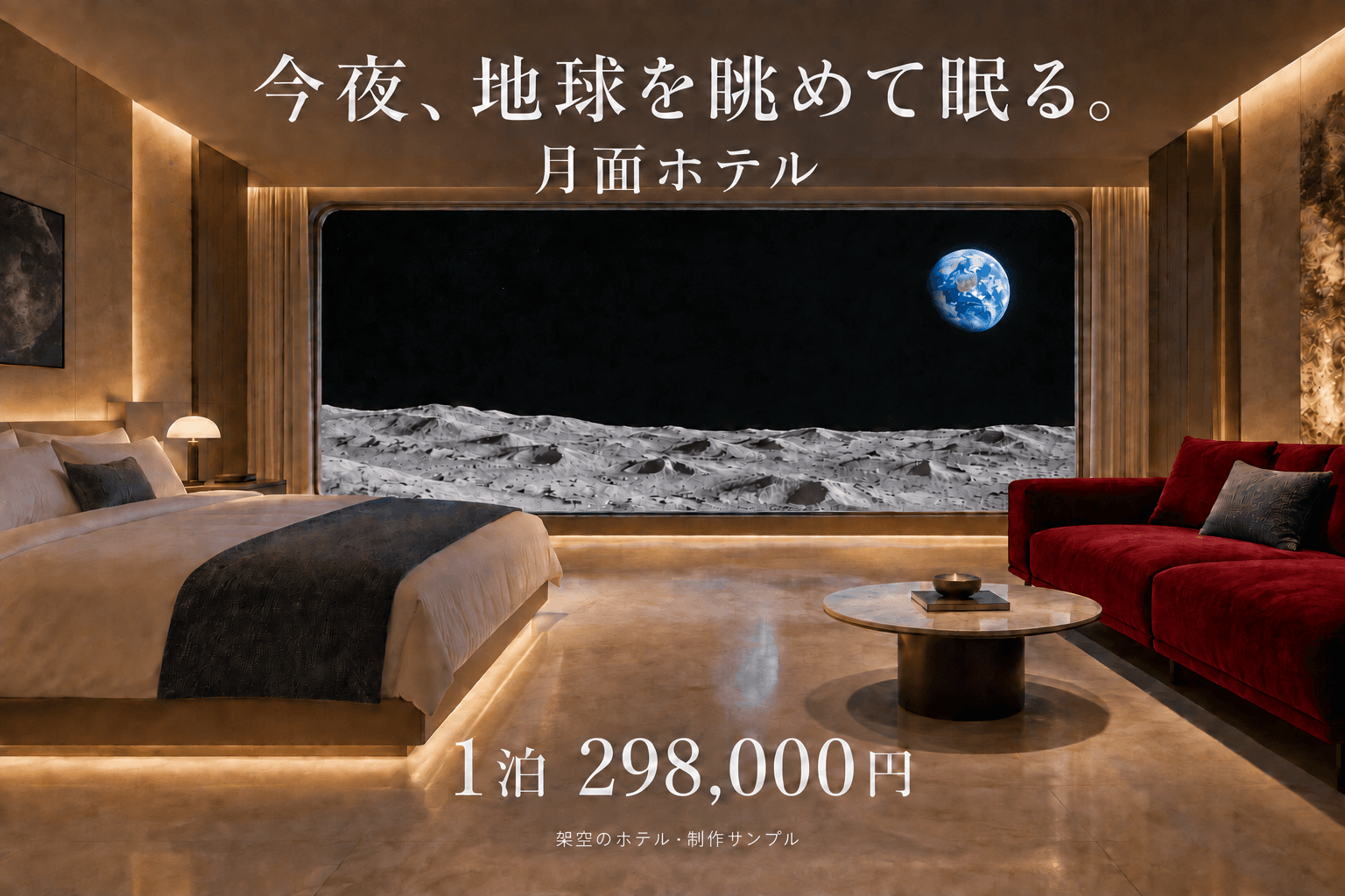 3回編集した月面ホテル広告。地球が窓の右上へ移り、ソファが赤くなり、価格は1泊298,000円になっている。