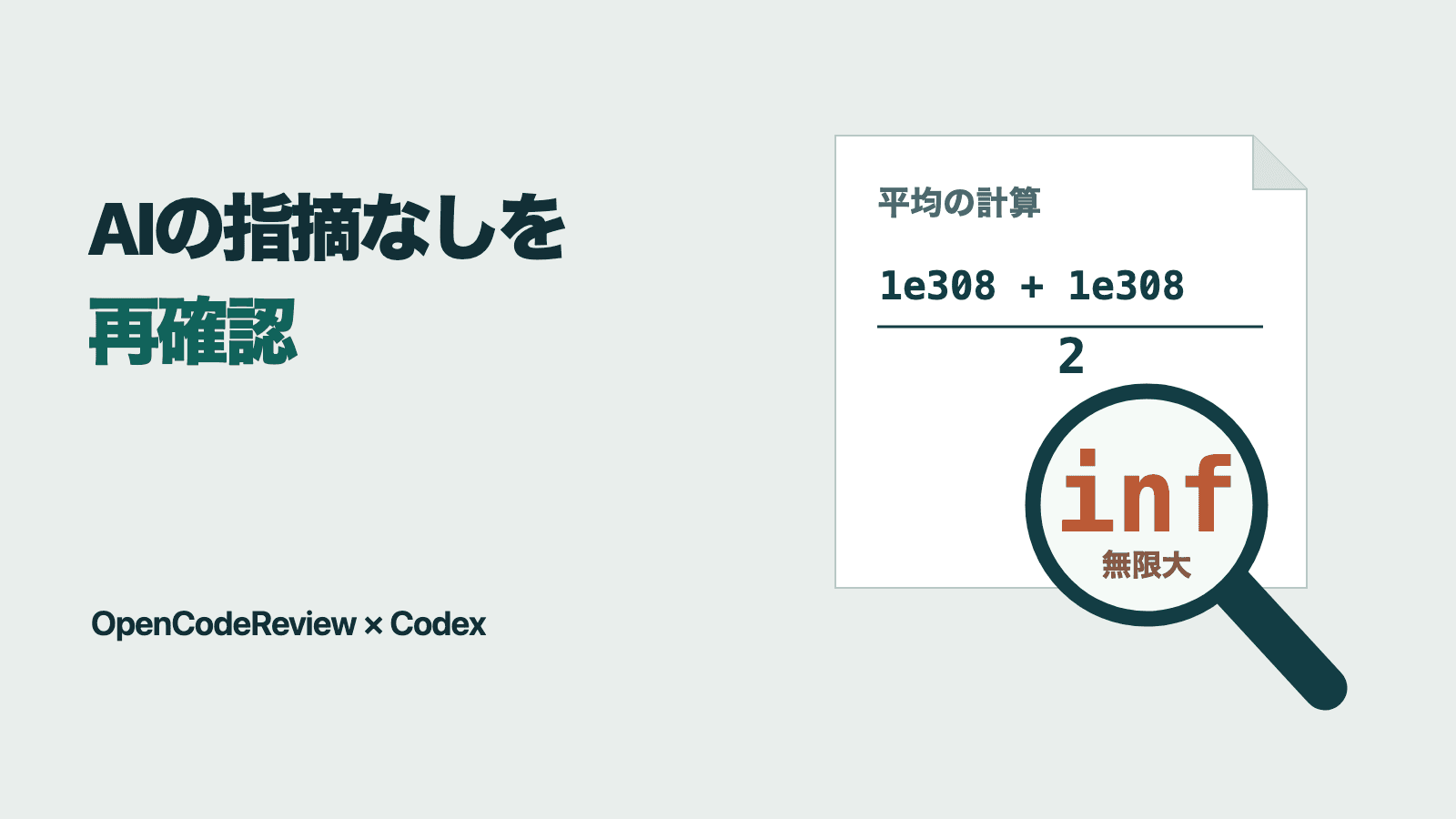AIの指摘なしを再確認という見出しと、(1e308 + 1e308)を2で割る計算で、合計の途中に浮動小数点数の範囲を超えてinfが生じた問題を示す図