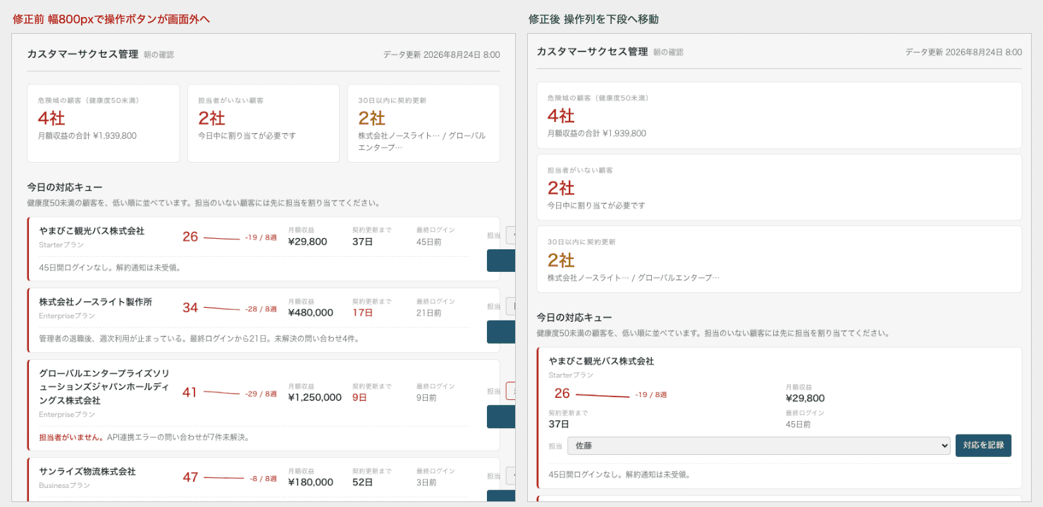 幅800pxで操作ボタンが画面外へ切れた修正前と 操作列を下段へ移した修正後の画面比較